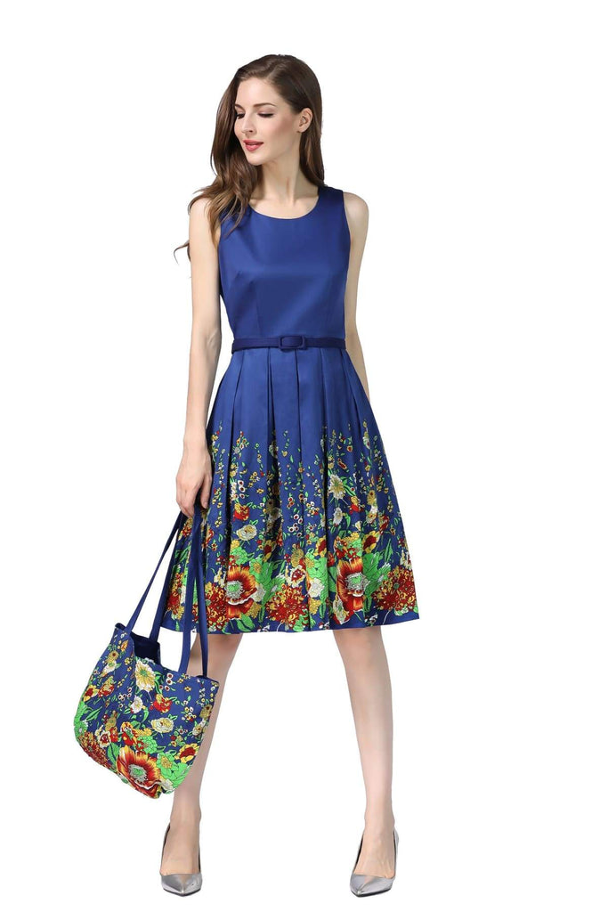 Blue Scoop Neck Box Pleated Field of Flowers