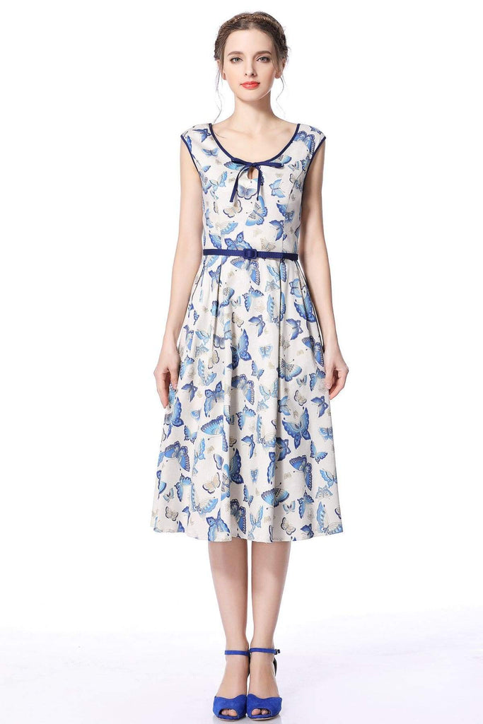 Butterfly Scoop Neck Bow Tie Vintage Swing Dress