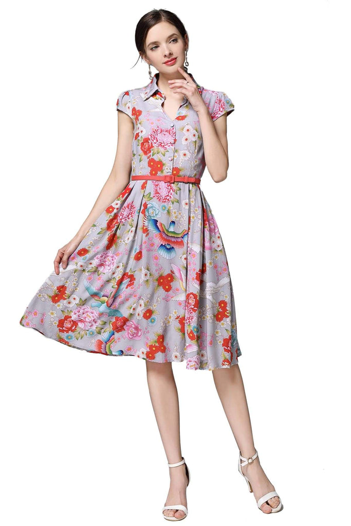 Grey V Neck Dress with Gorgeous Rainbow Birds and Beautiful Bright Coloured Daisy Peony with Box Pleats and Pockets