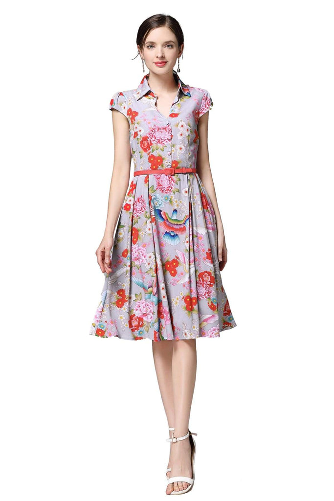 Grey V Neck Dress with Gorgeous Rainbow Birds and Beautiful Bright Coloured Daisy Peony with Box Pleats and Pockets