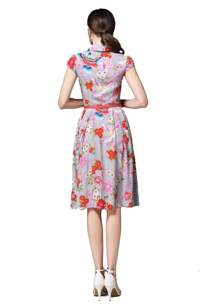 Grey V Neck Dress with Gorgeous Rainbow Birds and Beautiful Bright Coloured Daisy Peony with Box Pleats and Pockets