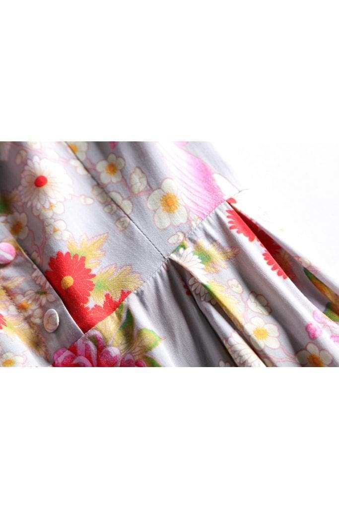 Grey V Neck Dress with Gorgeous Rainbow Birds and Beautiful Bright Coloured Daisy Peony with Box Pleats and Pockets