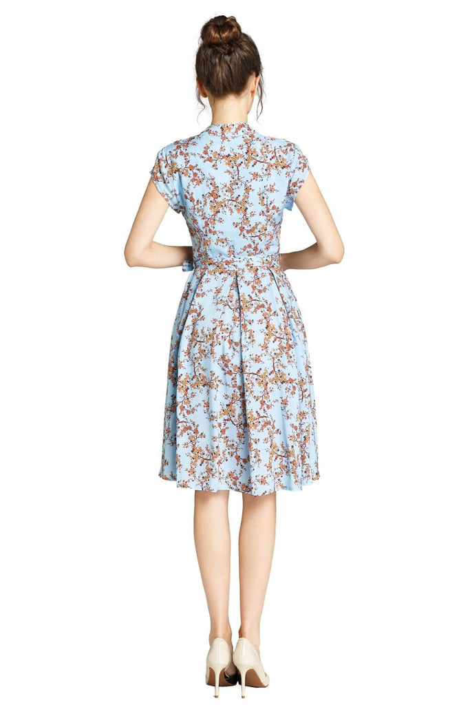 Light Blue Standing Collar V Neck with Orange Blossom Box Pleated Dress with Pockets