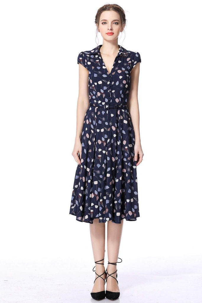 Navy Falling Leaves Vintage Dress