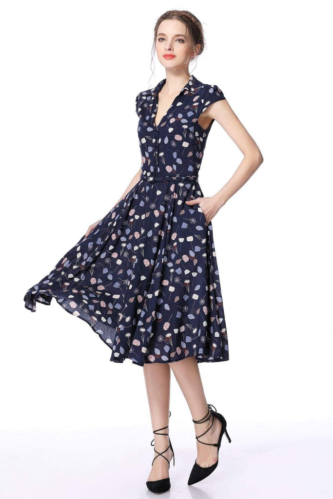 Navy Falling Leaves Vintage Dress