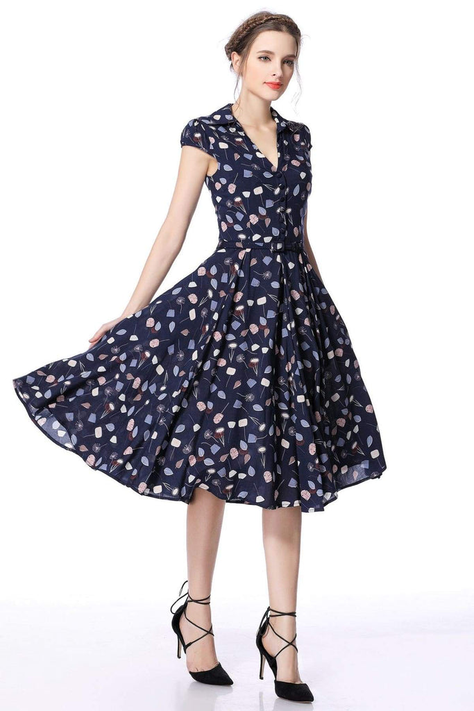 Navy Falling Leaves Vintage Dress